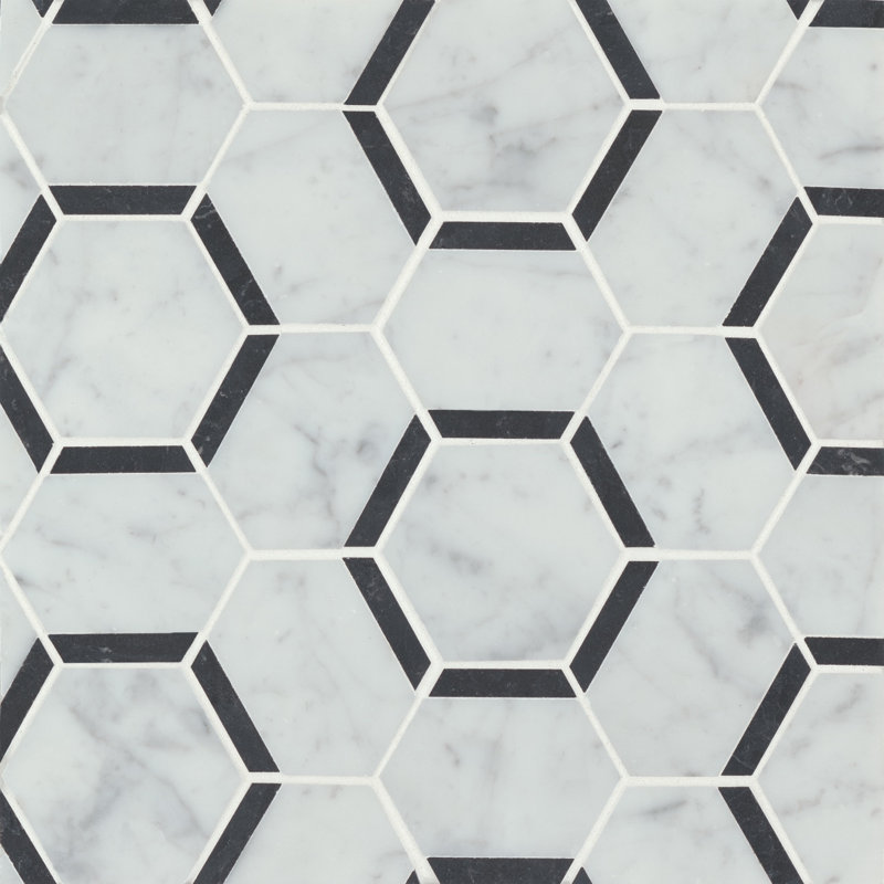 Matisse 12 in. x 10.5 in. Honeycomb Glossy Marble Tile, White Carrara/Nero Marquina