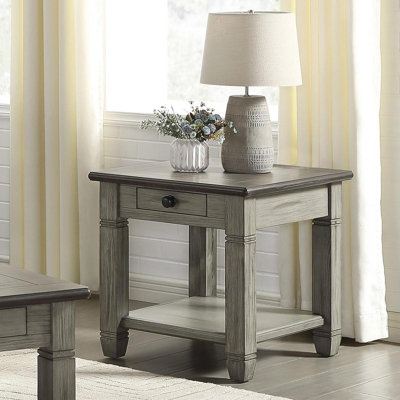 Coffee And Antique Gray Finish 1Pc End Table With Drawer Bottom Shelf Wooden Living Room Furniture Side Table