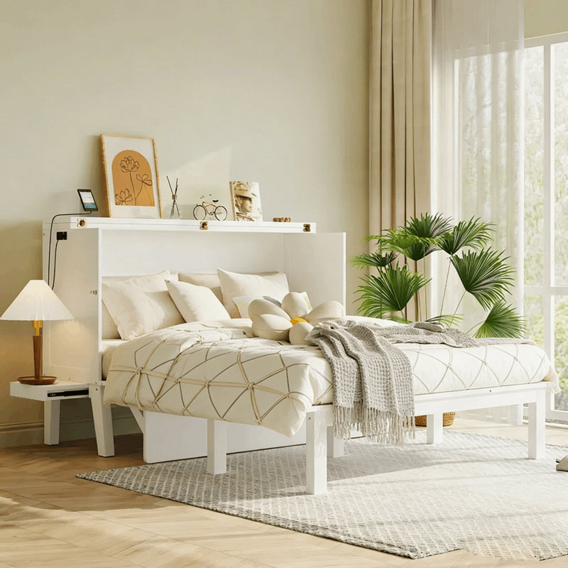 Chalen Murphy Bed Cabinet with movable Shelves and Outlets, Queen, White