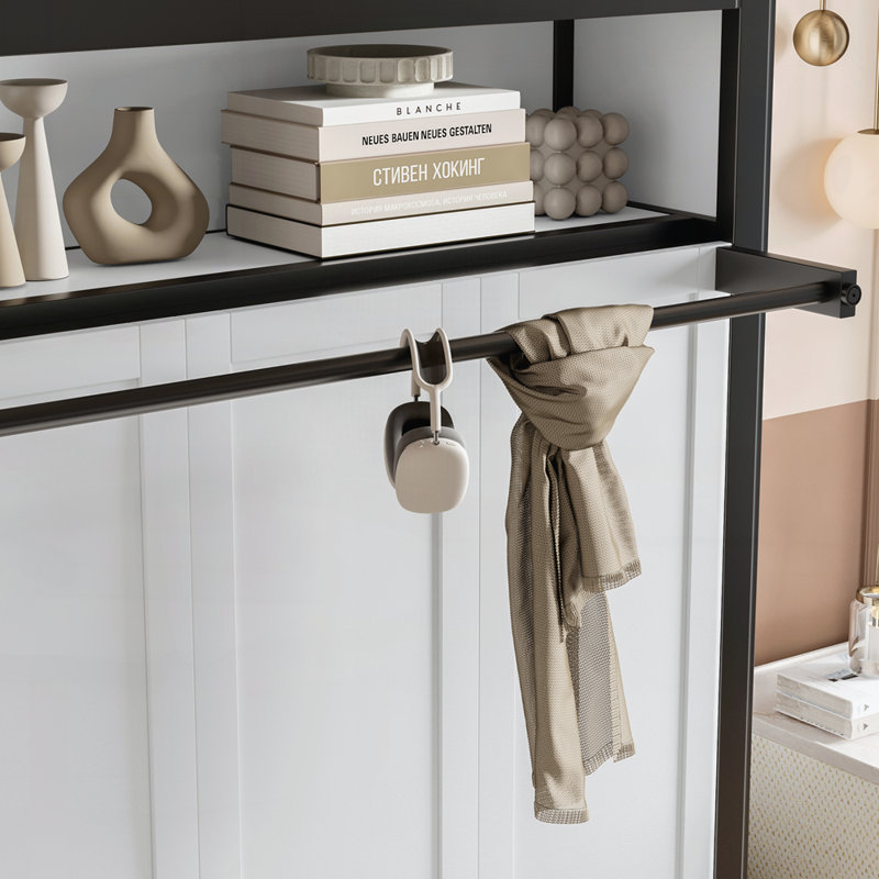 Murphy Bed with Shelves, Metal Wall Bed with Foldable and Space-saving Design, Blanc cassé