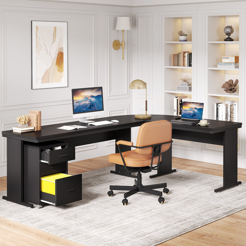 L-Shaped Executive Desk with 3-Drawer File Cabinet, Large Computer Desk for Home Office, Black