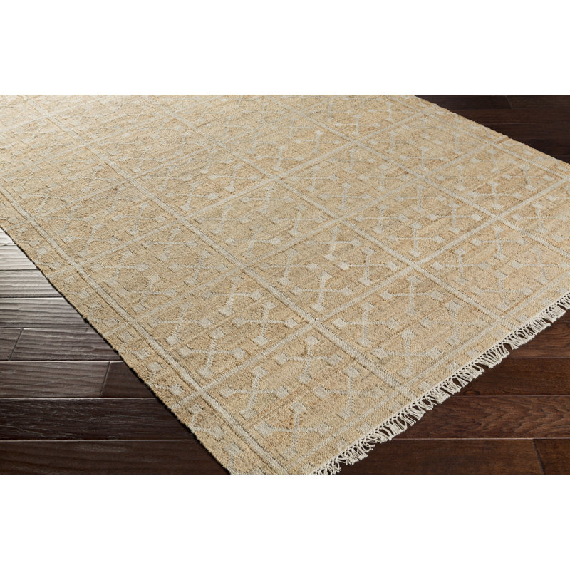 Tapis beige / ivoire à motif géométrique tissé à plat à la main Kunihiro, Rectangle 8 pi x 10 pi