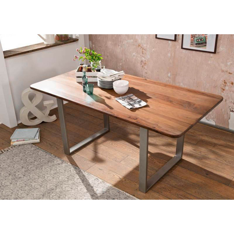 Sydney Solid Wood Top Metal Base Dining Table, Silver, Brown, 76cm H x 200cm L x 100cm W