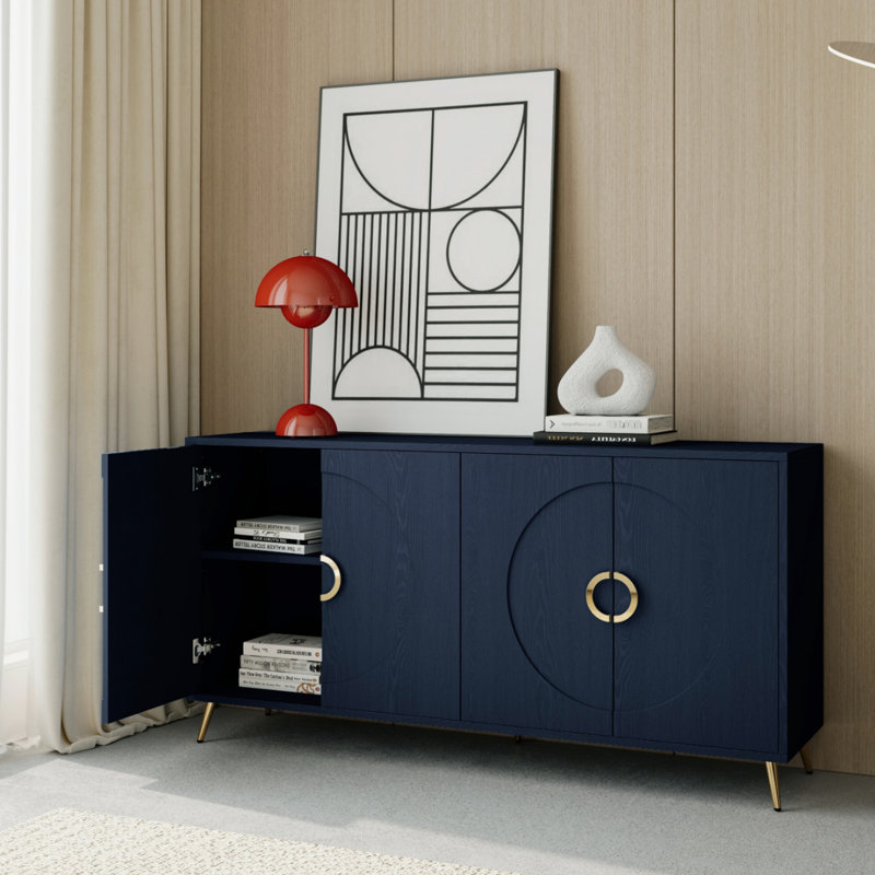 Buffet armoire 4 portes en bois bleu marine avec tablettes réglables pour la cuisine et la salle à manger, vestibule, couloir, finition laquée mat