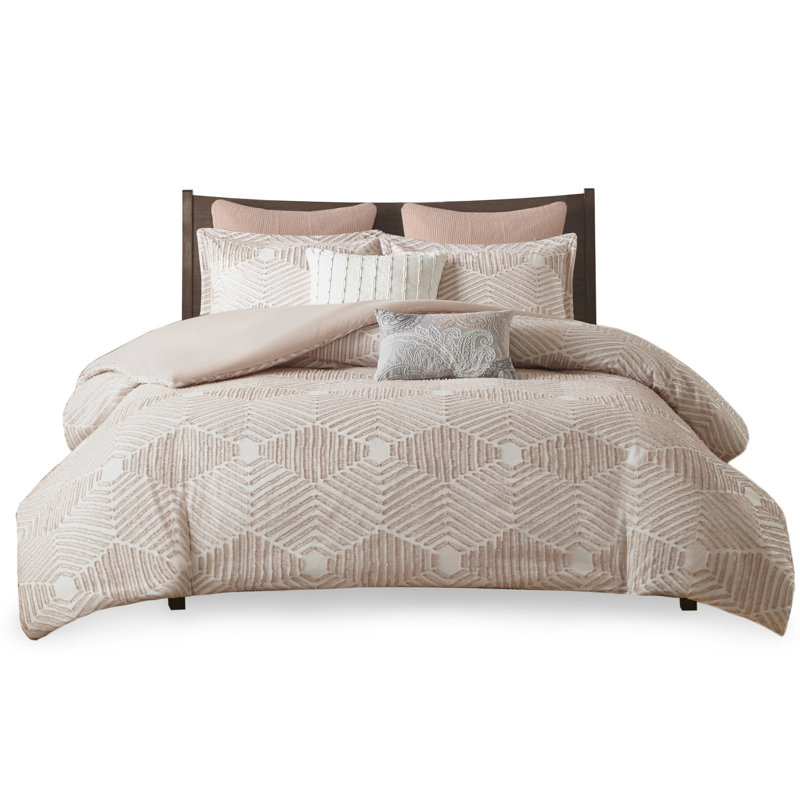 Housse de couette double / grand en coton rose poudré géométrique, 2 taies décoratives