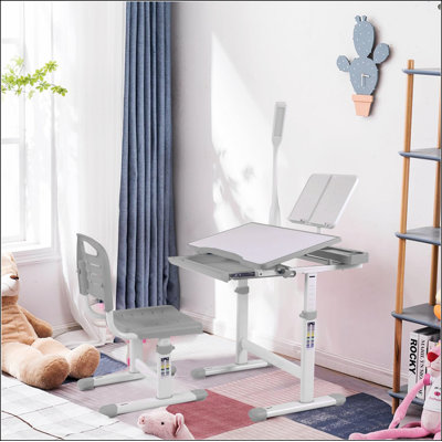 Desk for Kids Desk and Chair Set Kids Art Desk Drafting Table Desk Set with Adjustable Height, 40-Degree Tiltable Children Desktop, LED Light,Bookstand