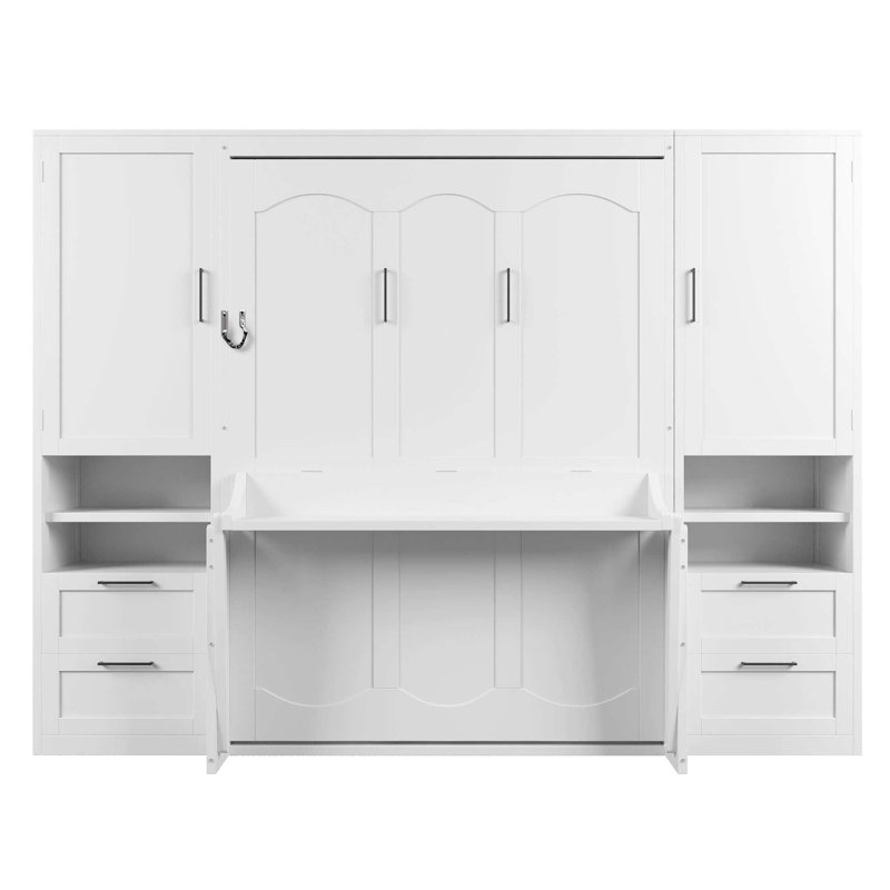 Lit double mural blanc avec tablette de rangement latérale et sous le lit rabattable pour tablettes à tiroirs intégrés Tidy Living