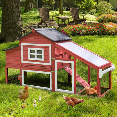 Poulailler en plein air avec roues, cage à volaille en bois avec poulailler et toit imperméable (rouge)