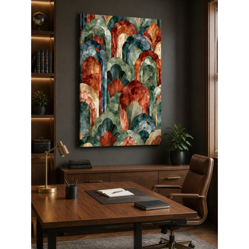 Grande toile murale représentant des arches et des formes d'éventail de style Art déco dans un design abstrait aux tons rouge foncé et bleu turquoise.