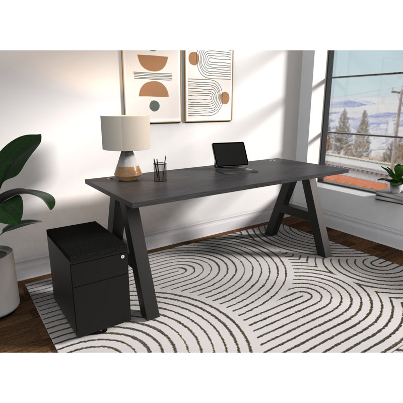 Serenity Modern A-Frame Executive Writing Office Desk, with Cushion Top Mobile Storage, 66x30, Charcoal Strand Top