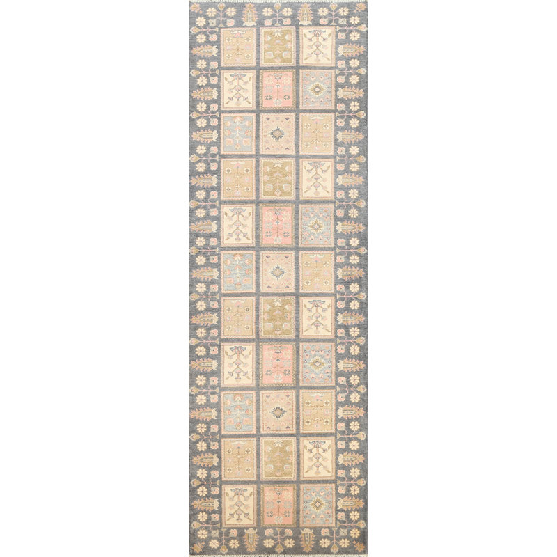 Tapis de couloir gris en laine noué à la main 2 pi 9 po x 9 pi 7 po