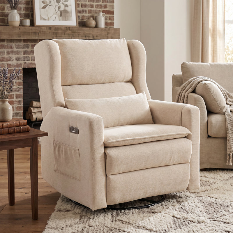 Fauteuil inclinable pivotant Veya surdimensionné, fauteuil à bascule extra large de 66 cm (26 po) pour chambre d'enfant avec appui-tête réglable, fauteuil inclinable électrique en chenille avec double coussin et porte-gobelet, beige