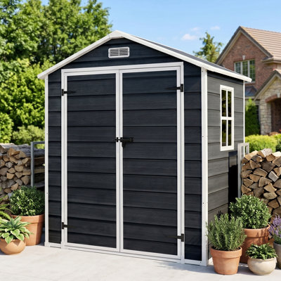 6×4 FT Weatherproof Resin Outdoor Storage Shed, Lockable Tool Shed with Reinforced Floor, 66lbs Capacity Interior Shelf, Window & Roof Vent for Garden Patio Backyard
