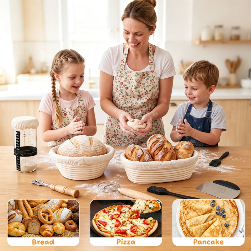 10‑Inch Round & 12‑Inch Oval Natural Rattan Banneton Sourdough Bread‑Making Starter Kit, Proving Baskets with Sourdough‑Starter Jar, Cotton Liners, Basket Covers & Baking Accessories for Artisan Home‑Baking