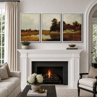 Golden Marsh Lake Landscape Artwork, Bedroom Pictures, Framed Canvas Giclee Print 3 Pieces Wall Art - 16"x24"x3pcs, 24"x36"x3pcs