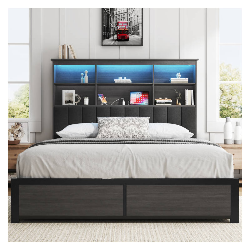 Metal Bed Frame with Bookcase Headboard, Rustic Gray