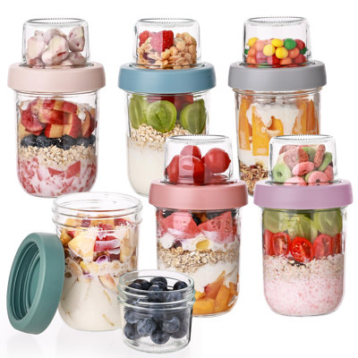 6 Pack Overnight Oats Containers with Lids, 16 OZ Dual Layer Yogurt Containers with Dry and Wet Separation, Airtight Leak Proof Oatmeal Jar for Chia Pudding, Breakfast, Cereal