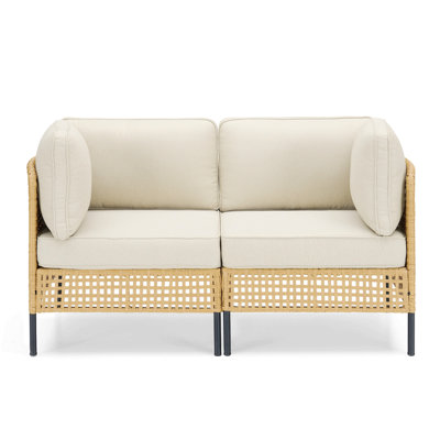 Outdoor Natural Wicker Sofa Boho Patio Sectional Loveseat Furniture Set With Beige Csuhions