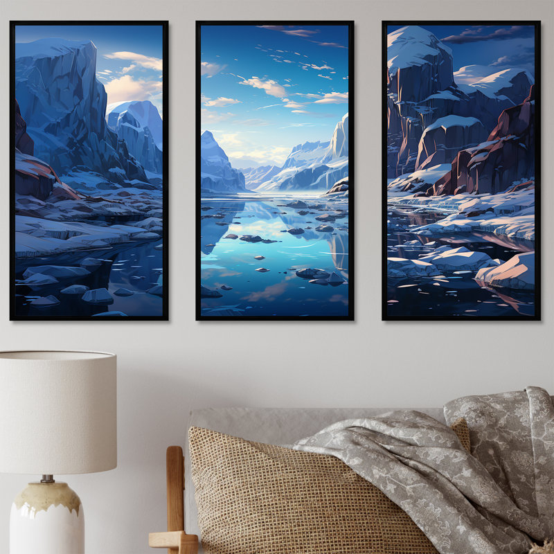 «Blue Winter Landscape In Greenland - Glacier», ensemble de décorations murales, Cadre flottant noir