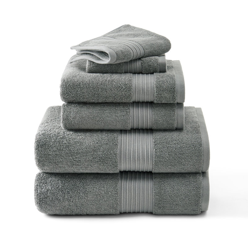 TOWN & COUNTRY EVERYDAY 6-Piece Assorted Solid Dobby Border Set, 2 Bath, 2 Hand, 2 Wash, 100% Cotton, Gray
