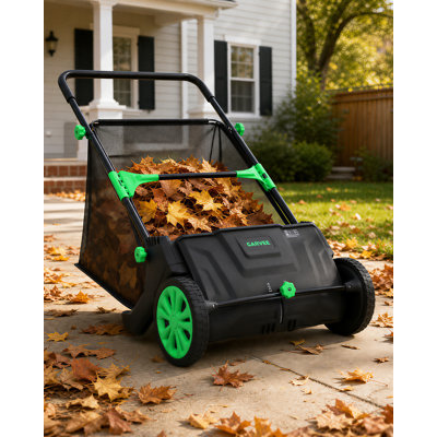 Manual Push Lawn Sweeper Leaf & Grass Collector, 21 in Sweeping Width, 3.5 cu ft Leaf Blower Bag, 4 Height-Adjustable Spinning Brushes, Rubber Wheels for Lawn, Sidewalk & Driveway