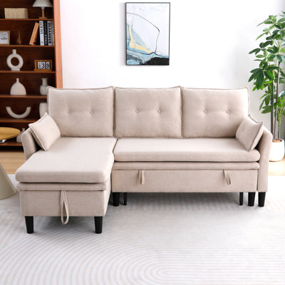 L-shaped Reversible Chaise Sectional Sofa With Storage - Cotton-linen, Beige, Office & Apartment Ready