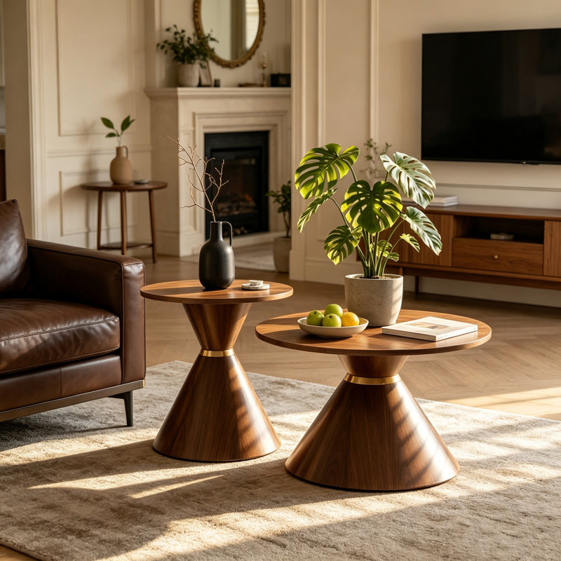 Ensemble de 2 tables basses gigognes rondes brun noisette, plateau de table en bois d'ingénierie texturé noyer avec base en acier au carbone, table d'appoint élégante en sablier pour la chambre à coucher du salon, table d'appoint peu encombrante et facile à nettoyer