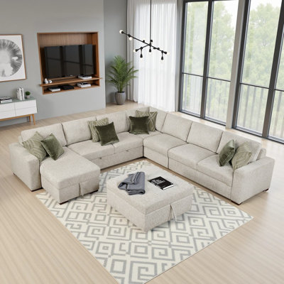 Orrin Modern & Contemporary Sectional - Extra-Large Microfiber 6-Piece Sectional with Pull-Out Bed, Storage Chaise, Rolling Ottoman, and 8 Pillows. by Ebern Designs