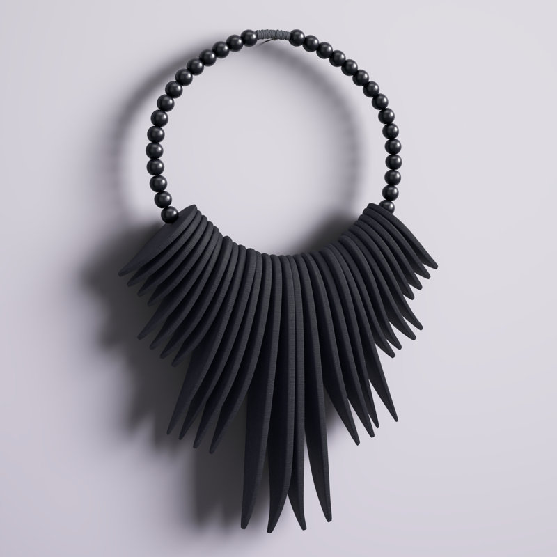 Brown Wood Tribal Statement Necklace Home Wall Decor with Beaded Detailing, 13" x 3" x 18", Black