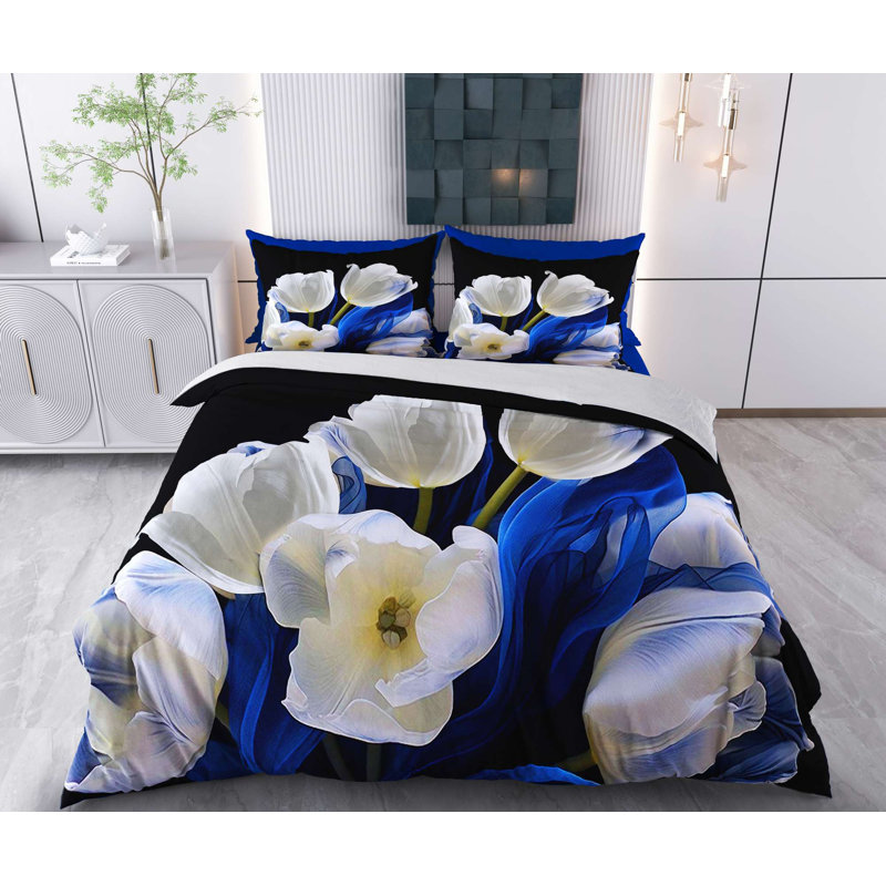 Ensemble de housse de couette, Housse de couette pour lit simple + 1 taie d'oreil, Noir / blanc / bleu foncé floral 2