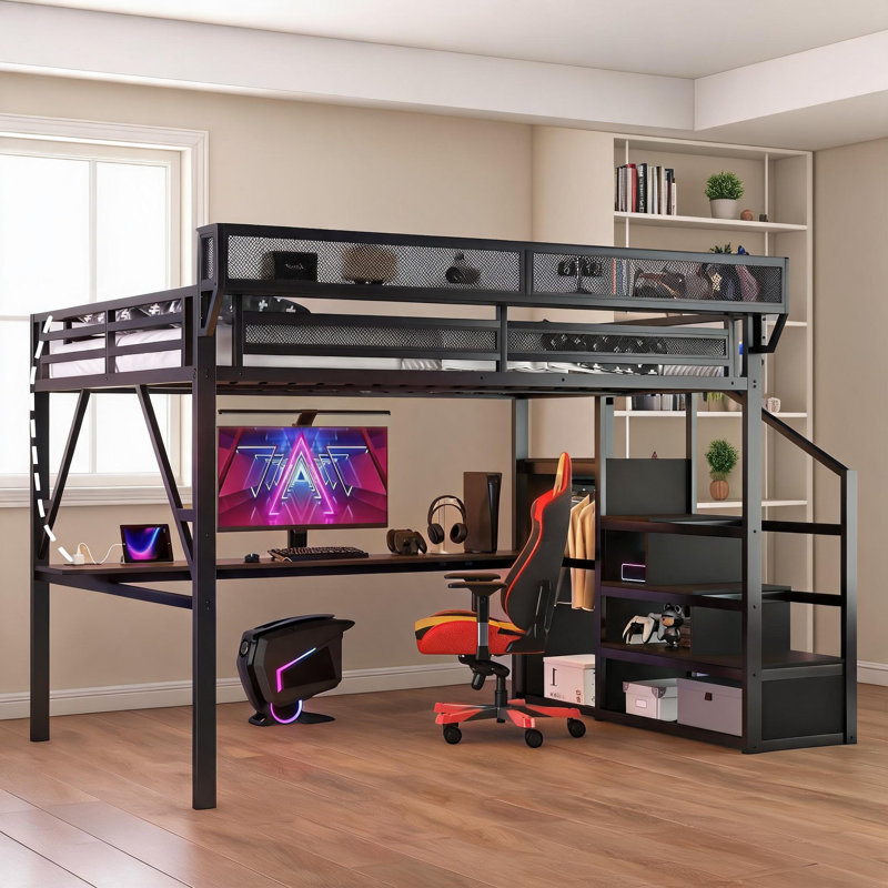 Structure de lit mezzanine moderne en métal avec bureau sous le lit et station de charge intégrée, noir profond