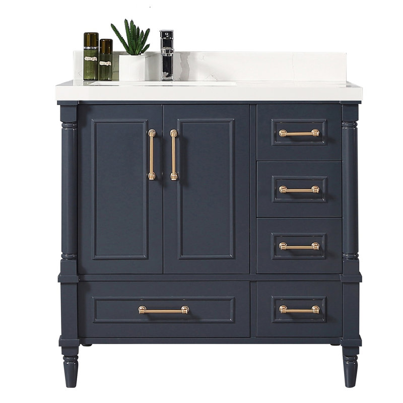 Ensemble de meuble-lavabo simple 36 po Mulder, Calacatta, Bleu marine hâlé, Doré