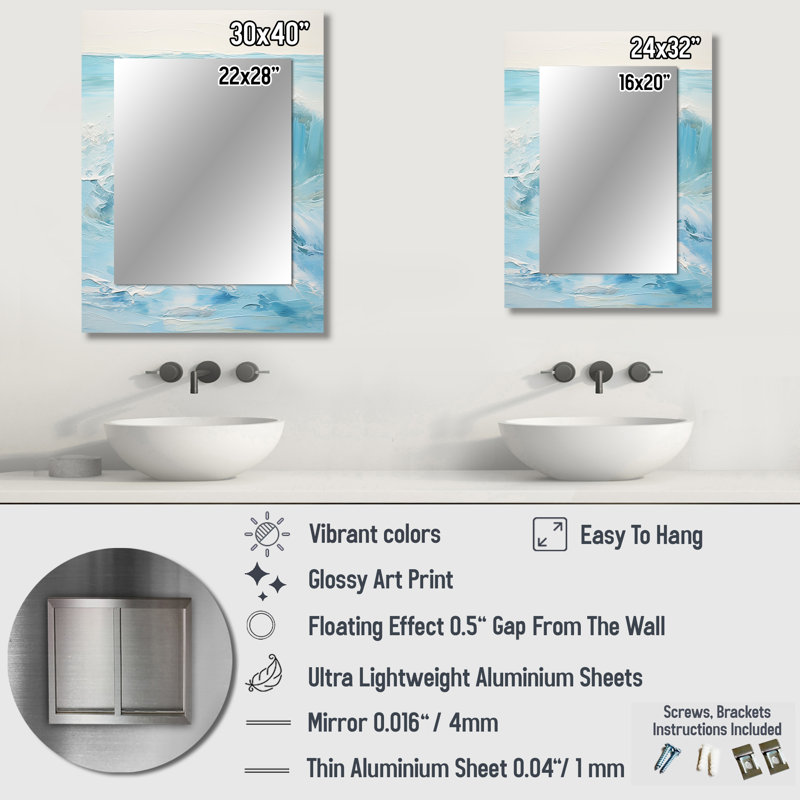 Bleu et blanc Simplicity Beach - miroir mural vagues, miroir décoratif bleu, impression d'art en métal, 40 po x 30 po