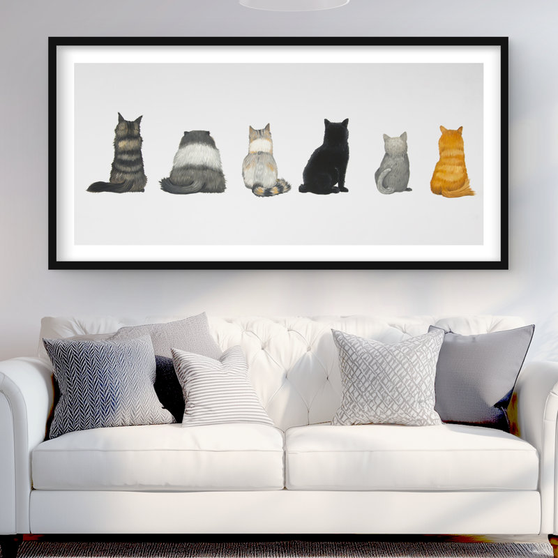 Vue arrière de six chats alignés - reproduction matte encadrée brune