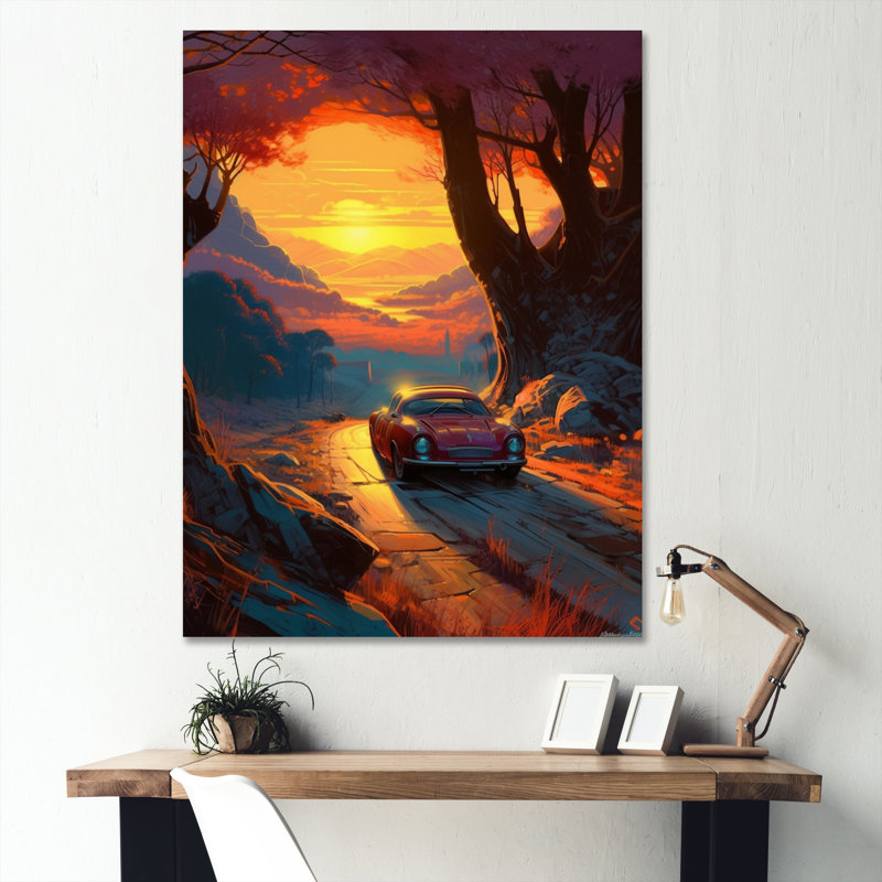 Forest Drives In Classic Car II - Retro, reproduction d'art mural, 40" H x 30" W, Gold Picture Framed