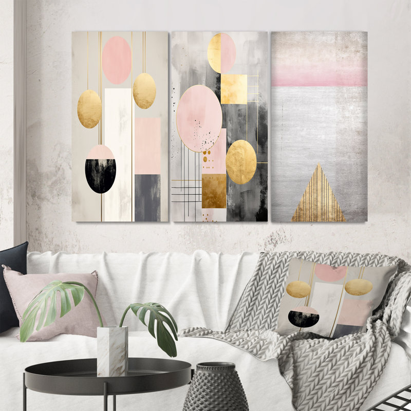"Pleine lune rétro géométrie rose doré", 3 pièces sur toile, Toile tendue, H 20 po x l 36 po