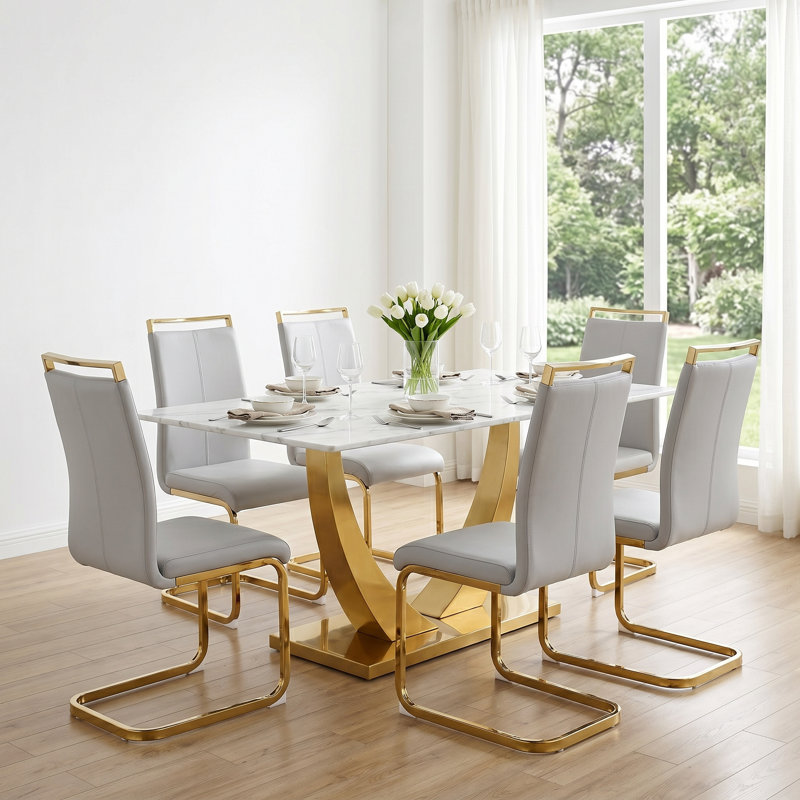 Ensemble de salle à manger 7 pièces Modern Glam, Gris clair, Blanc