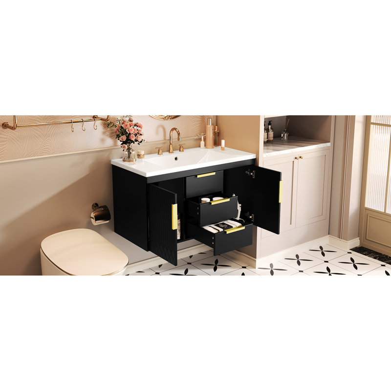 Meuble-lavabo 36 po, rangement mural flottant avec 2 tiroirs, glissière lisse, meuble-lavabo moderne en résine avec finition peinte imperméable 36 po x 18 po, poignées rouille de haute qualité