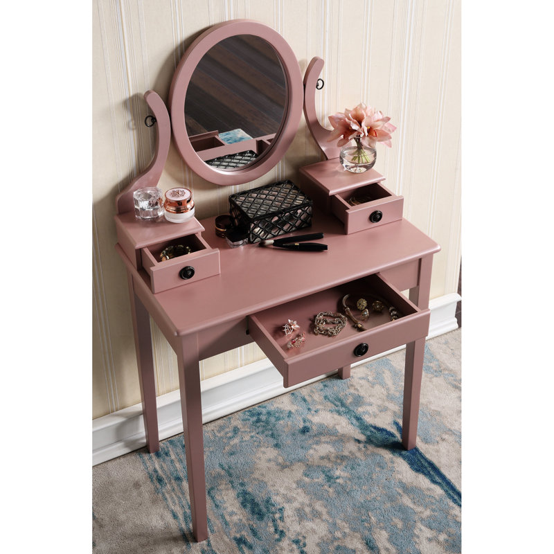 Wood Makeup Vanity With Stool, Rose Gold Gleam - 3 Drawers For Storage, Adjustable Oval Mirror, Smooth Tabletop Cosmetics, Comfortable Stool Sparkle Jewelry Padded