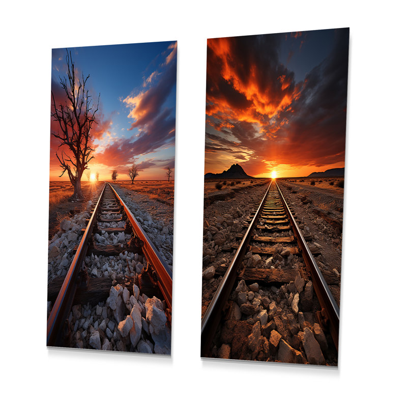 Chemin de fer au coucher du soleil - train, ensemble de 2 décorations murales en métal, H 28 po x l 24 po