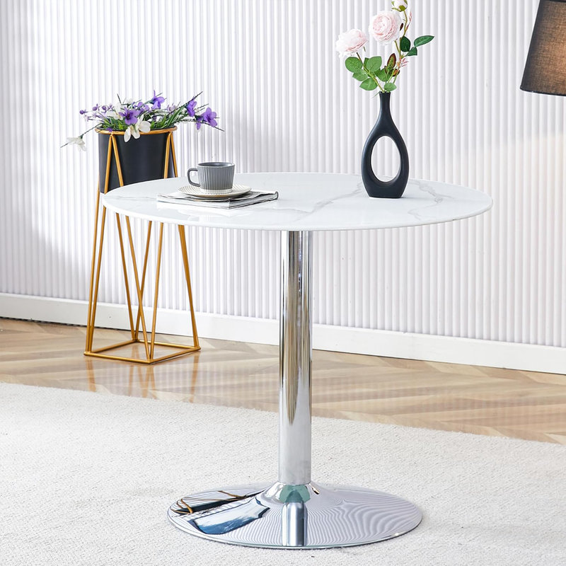 Modern White Round Glass Dining Table with Chrome Base