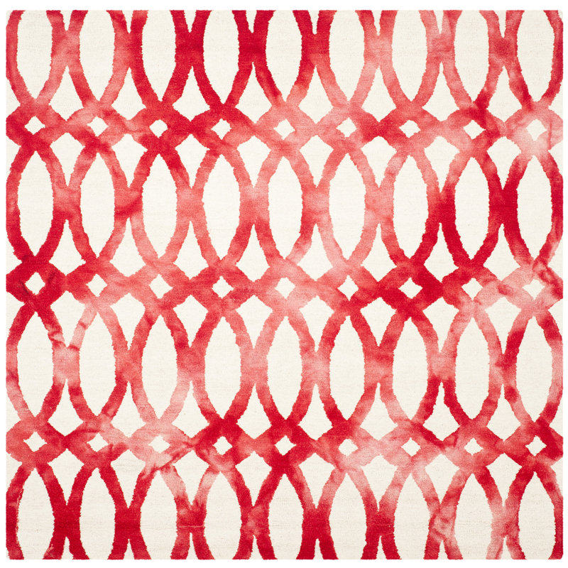 Amekia Hand Tufted Wool/Cotton Geometric Rug in Red/Ivory, Square 7'