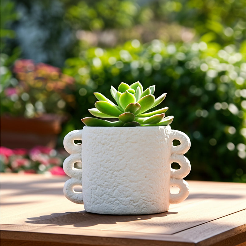 Pot de fleurs en poterie et ciment avec poignée unique à boucles multiples, Blanc, H 6,25 po x l 10 po x P 7 po