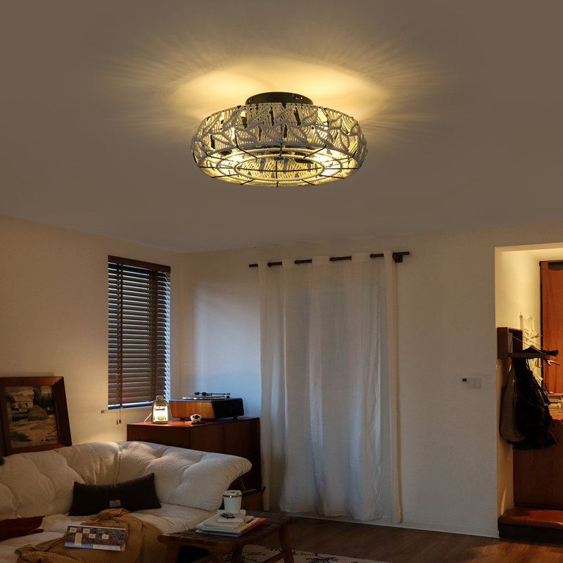 19.6''Handwoven Boho Ceiling Fan with Light,Rattan Caged Ceiling Fans with Lights and Remote Control Flush Mount Low Profile Enclosed 6 Speeds Fandelier for Bedroom,Living Room,Dining Room(4 E26 Bulbs Included)