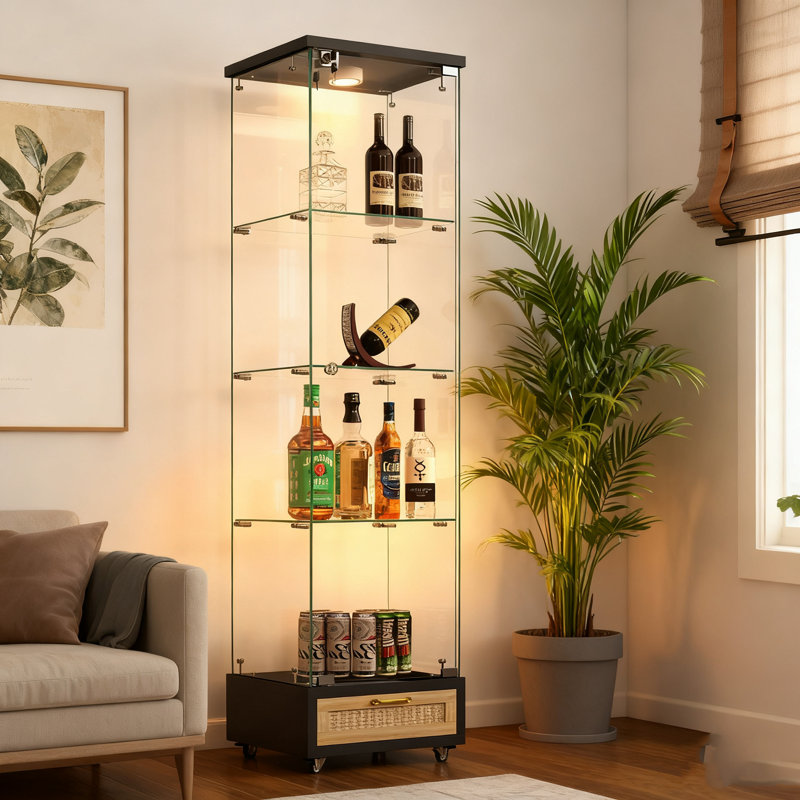 Modern Glass Display Cabinet with Drawer and LED lights for Living Room and Bedroom, Black/Natural