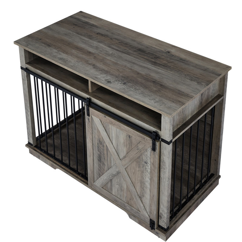 Cage pour chien en bois gris avec rangement et cloison - Meuble de rangement spacieux pour animaux
