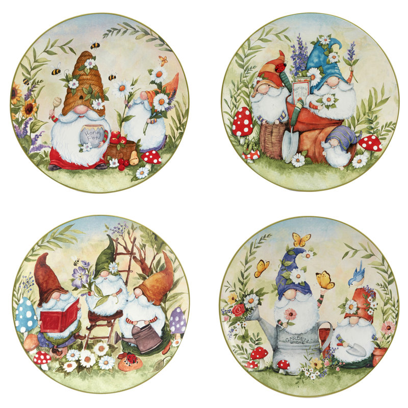 Ensemble de 4 assiettes à dîner Garden Gnomes