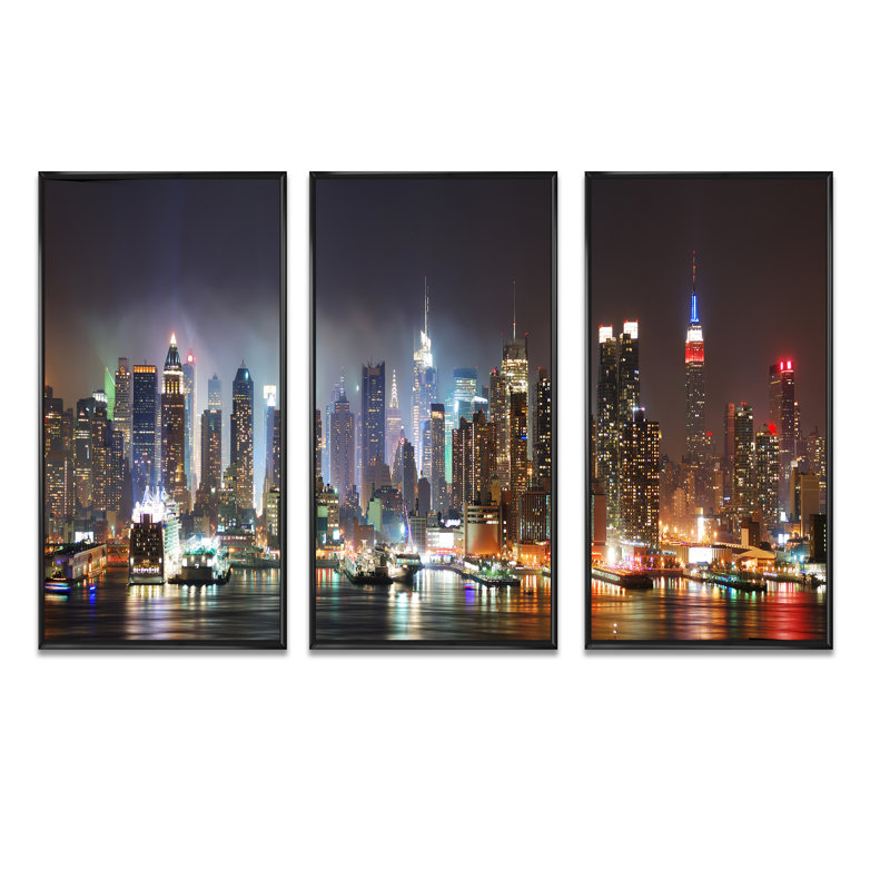 «Lit NYC Manhattan Skyline - Cityscape», ensemble d'art mural sur toile encadrée, Noir, H 28 po x l 36 po