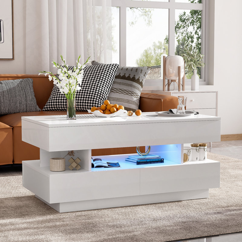 Table basse 2 tiroirs à plateau relevable avec finition ultrabrillante, Blanc