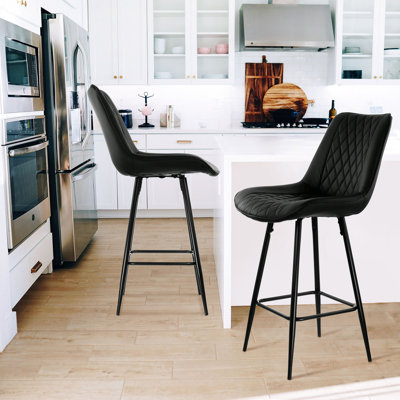 Levane Elama 2 Piece Diamond Stitched Faux Leather Patio Bar Chair in Black with Metal Legs